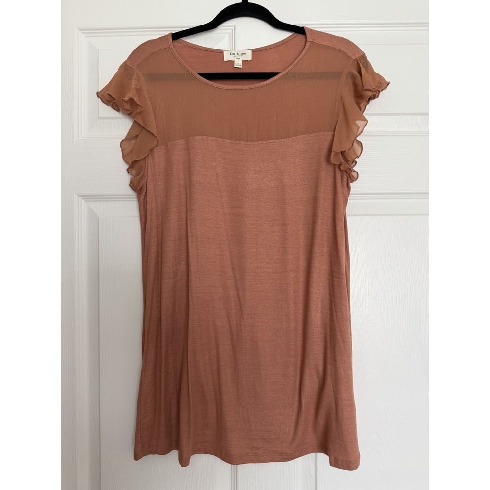Kim & Cami Terracotta Flutter Sleeve Top Sheer Mesh Yoke Blouse Size Large